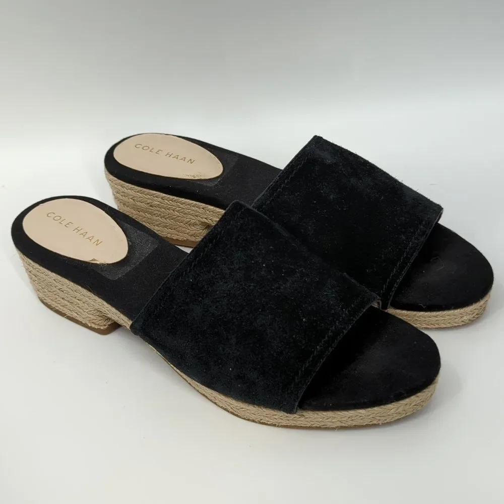 Cole Haan Giselle Espadrille Slide Sandals Black Suede Upper Woven High Heels 8B